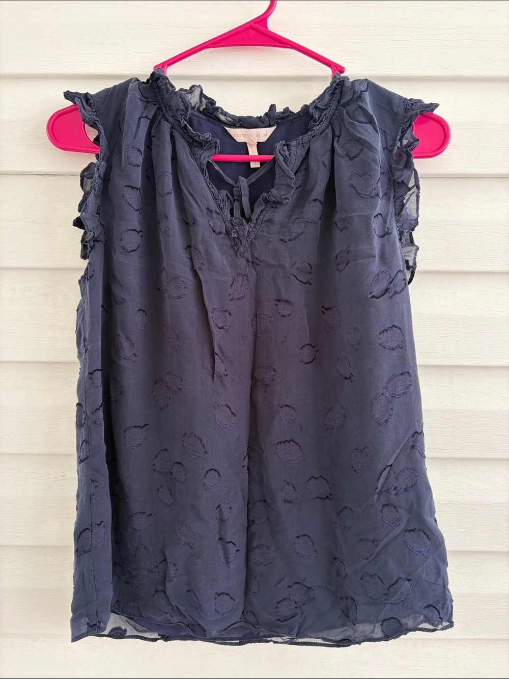 Rebecca Taylor Navy Silk Blend Ruffle Sleeveless Blouse Women's Size 0 Swiss Dot